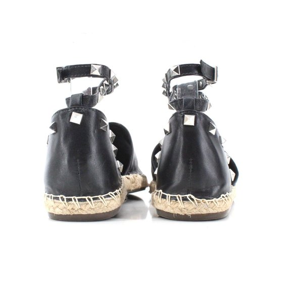 Schutz Koralina Black Leather Studded Espadrille Flats Ankle Wrap Straps SZ 8 - Picture 6 of 11